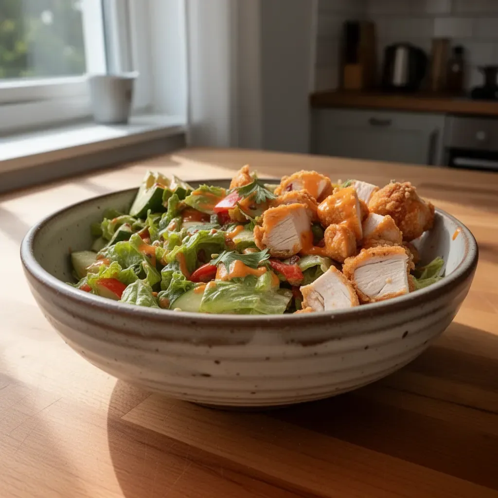 Hühnchensalat mit Buffalo-Sauce auf einem Teller