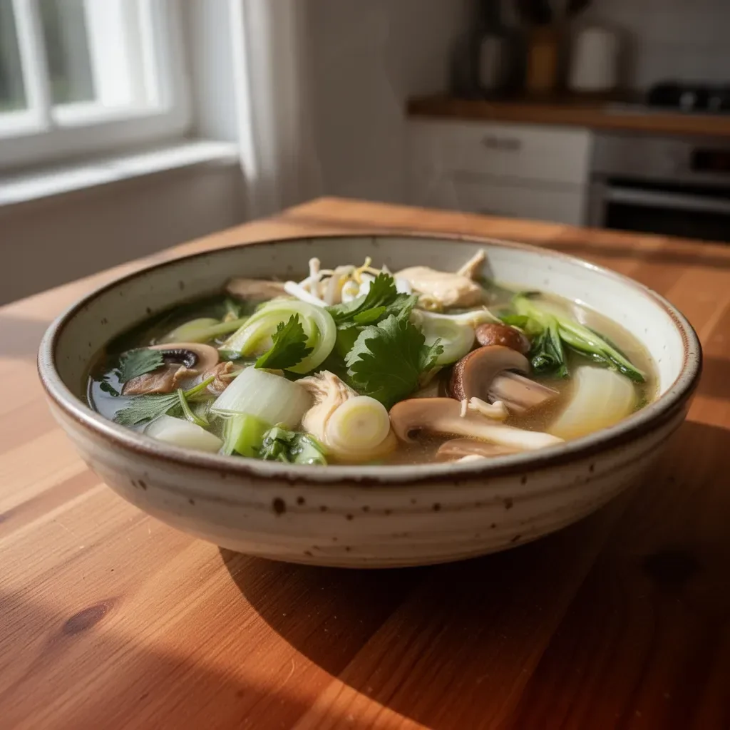 Schüssel Hühnchensuppe mit Bok Choy und frischen Zutaten