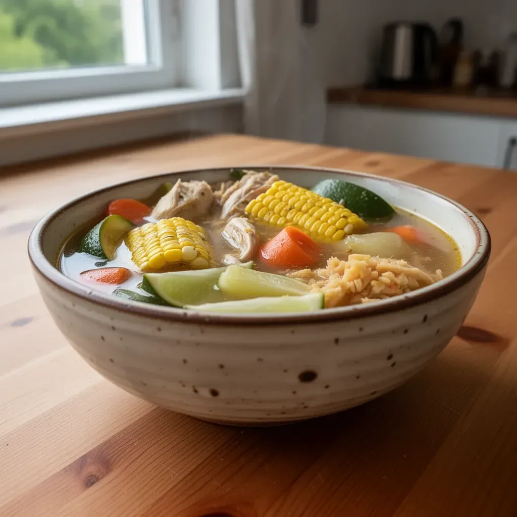 Schüssel mit hausgemachter Hühnerbrühe, frisch zubereitet.