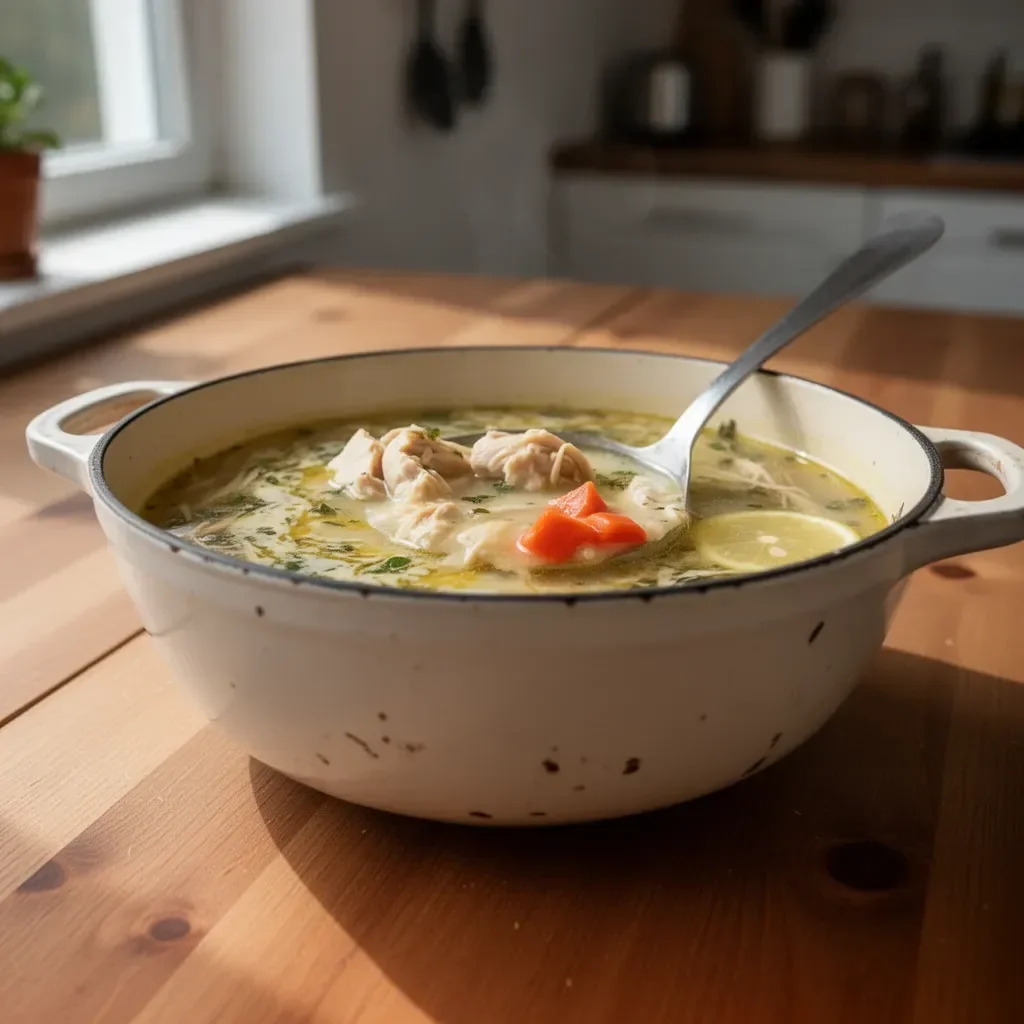 Schüssel mit Hühnersuppe, verfeinert mit Oregano und frischer Zitrone