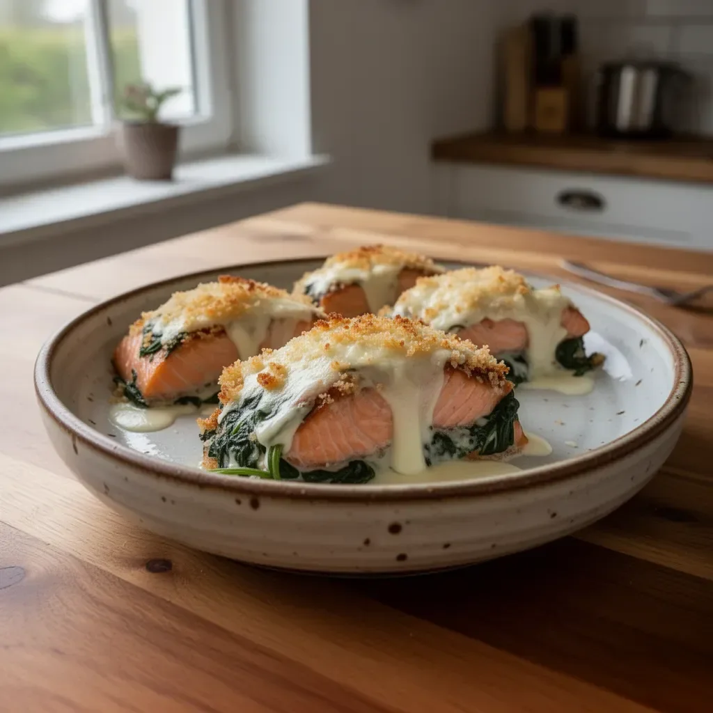 Ofengericht mit Lachs, Spinat und Mozzarella, appetitlich angerichtet
