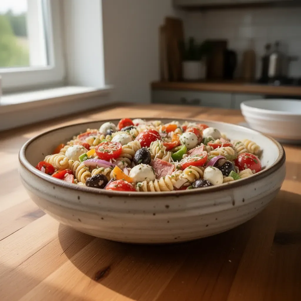 Italienischer Nudelsalat mit frischen Zutaten und aromatischen Gewürzen