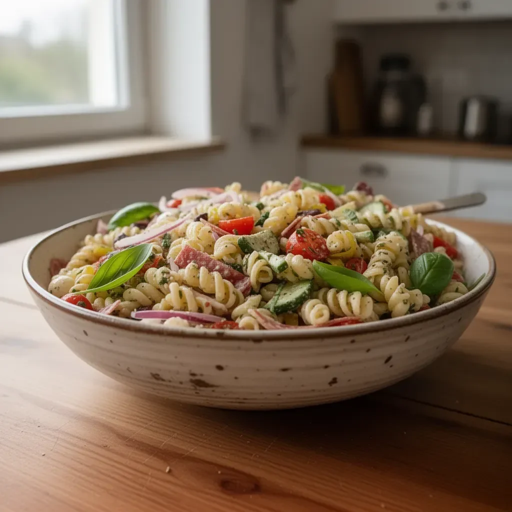 Italienischer Nudelsalat mit frischen Zutaten und aromatischen Kräutern