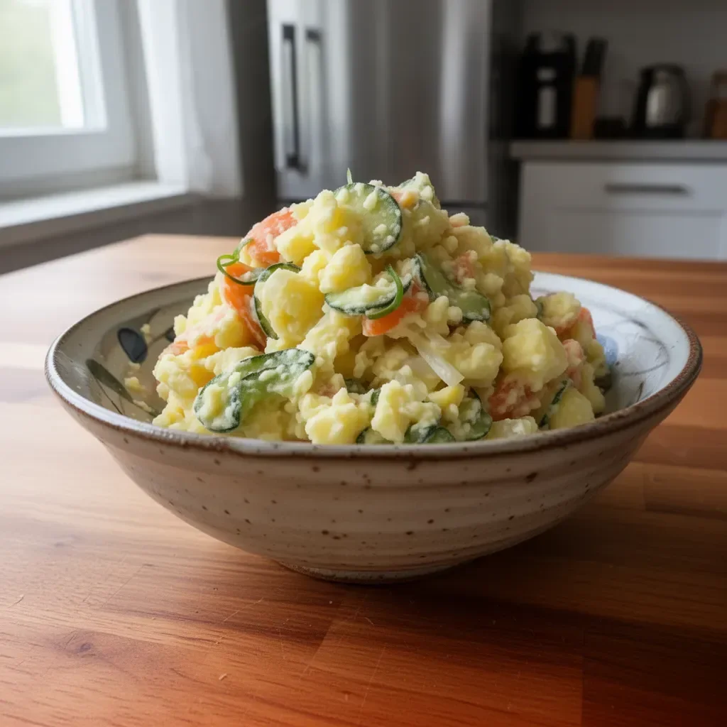 Japanischer Kartoffelsalat mit frischen Zutaten serviert in einer Schüssel.