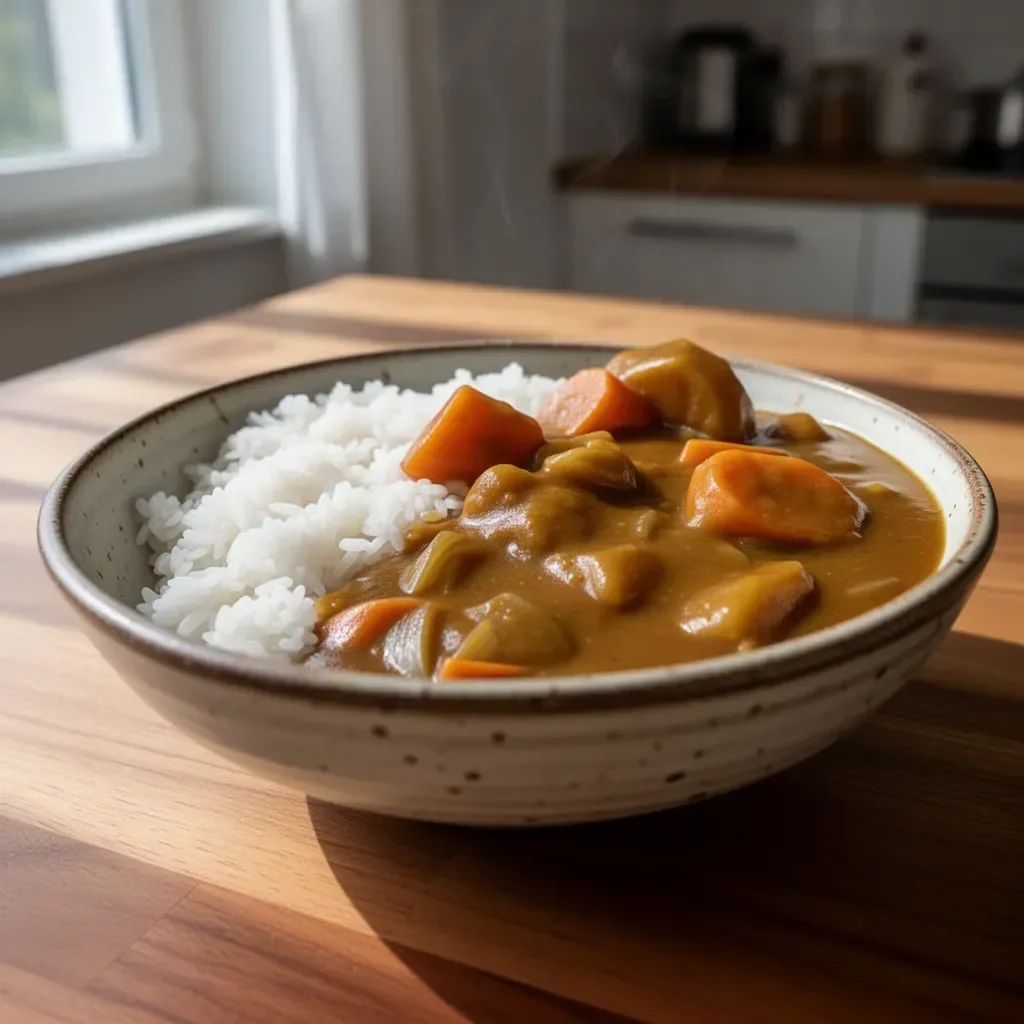 Schüssel mit japanischem Curry und Reis, appetitlich angerichtet.