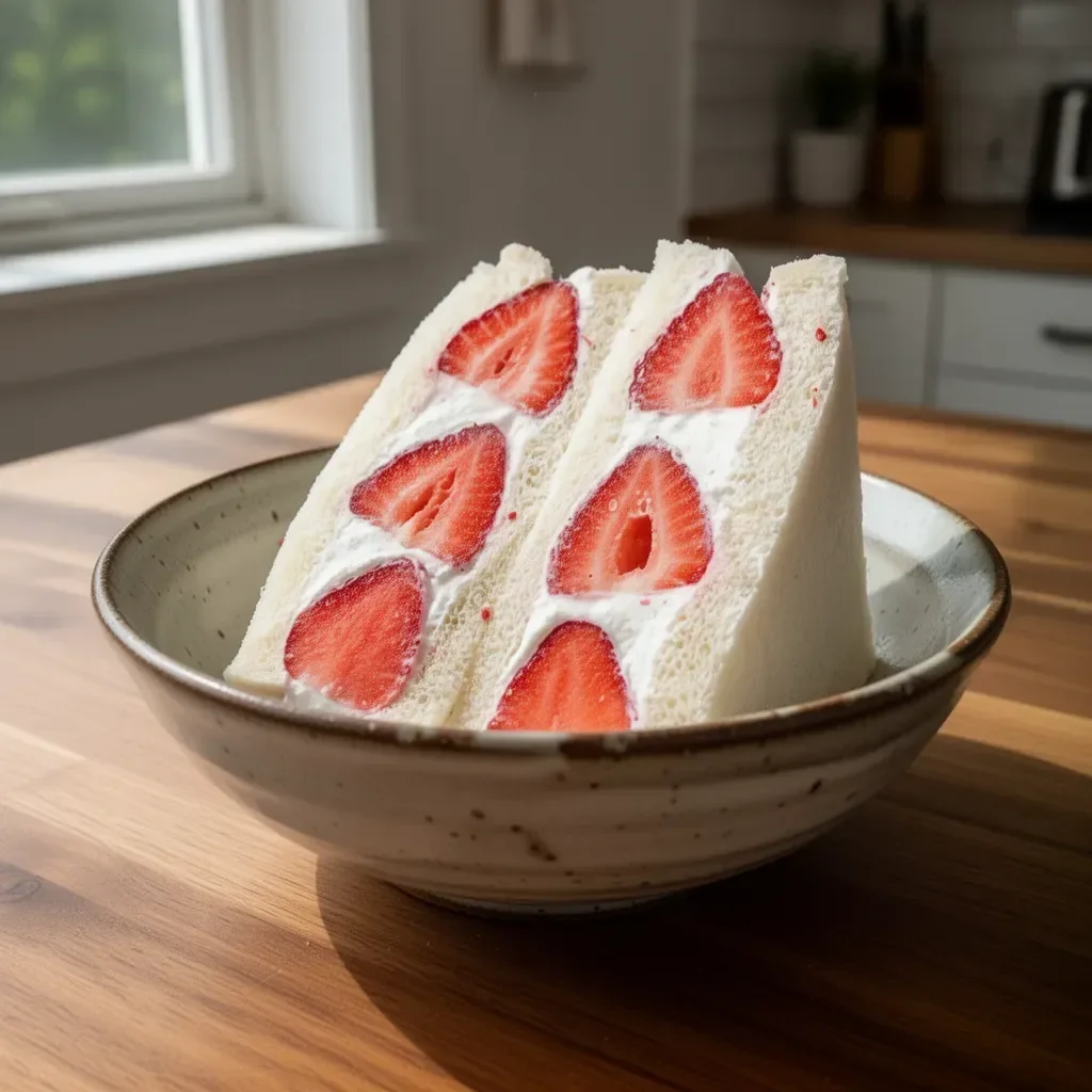 Japanisches Erdbeersandwich mit frischen Erdbeeren und weichem Brot