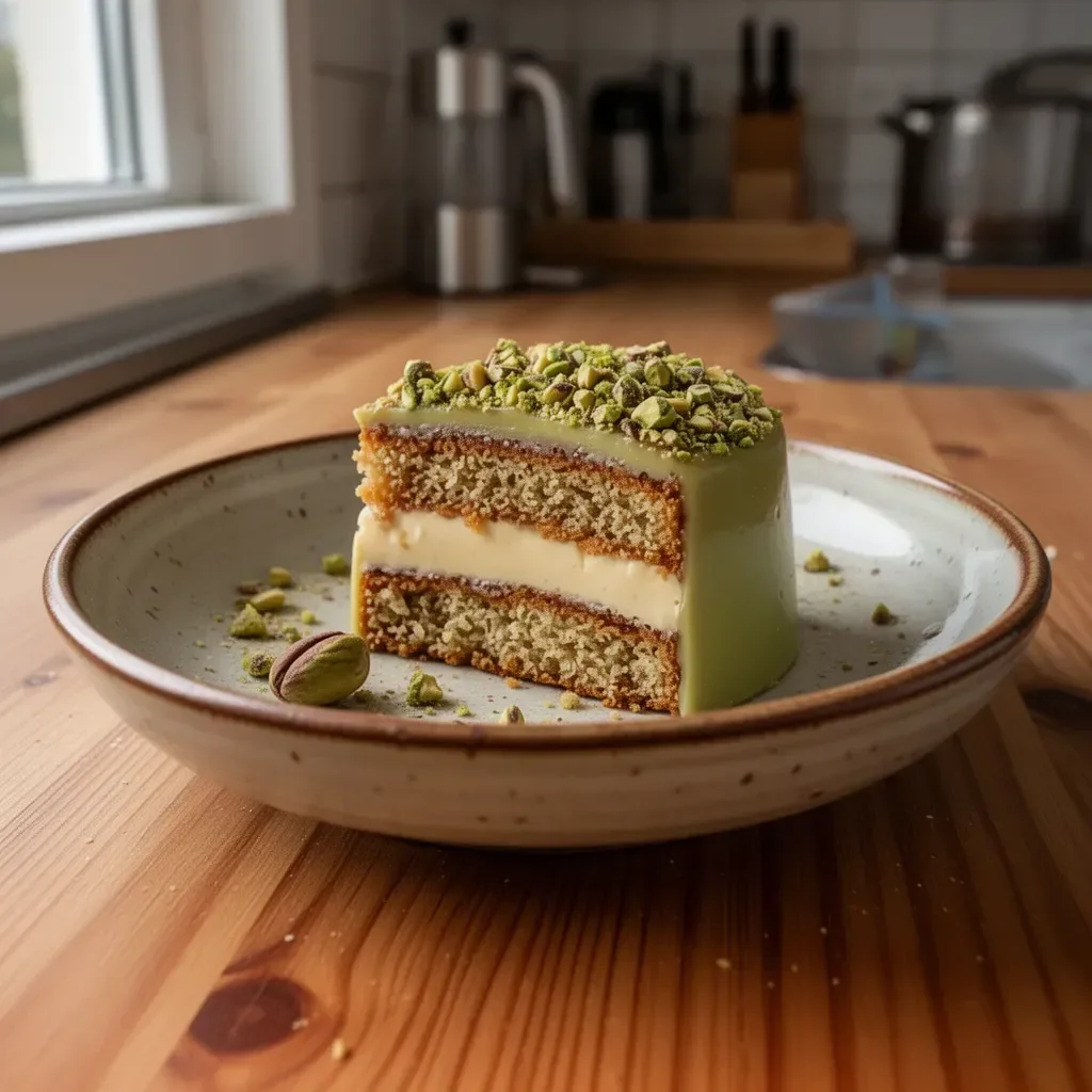 Leckerer Kaffee-Pistazienkuchen auf einem Holzbrett präsentiert