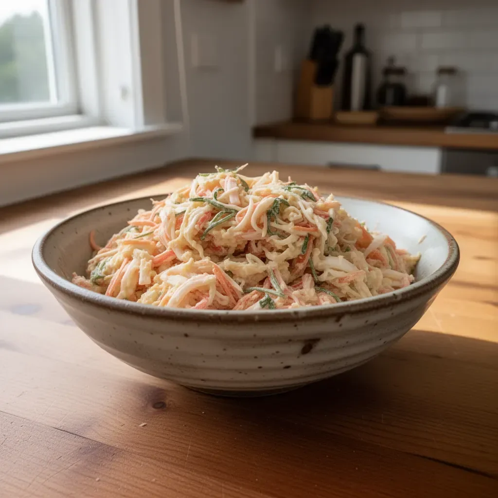 Schüssel mit leckerem Kani-Salat, frisch zubereitet mit Krabben und Gemüse.