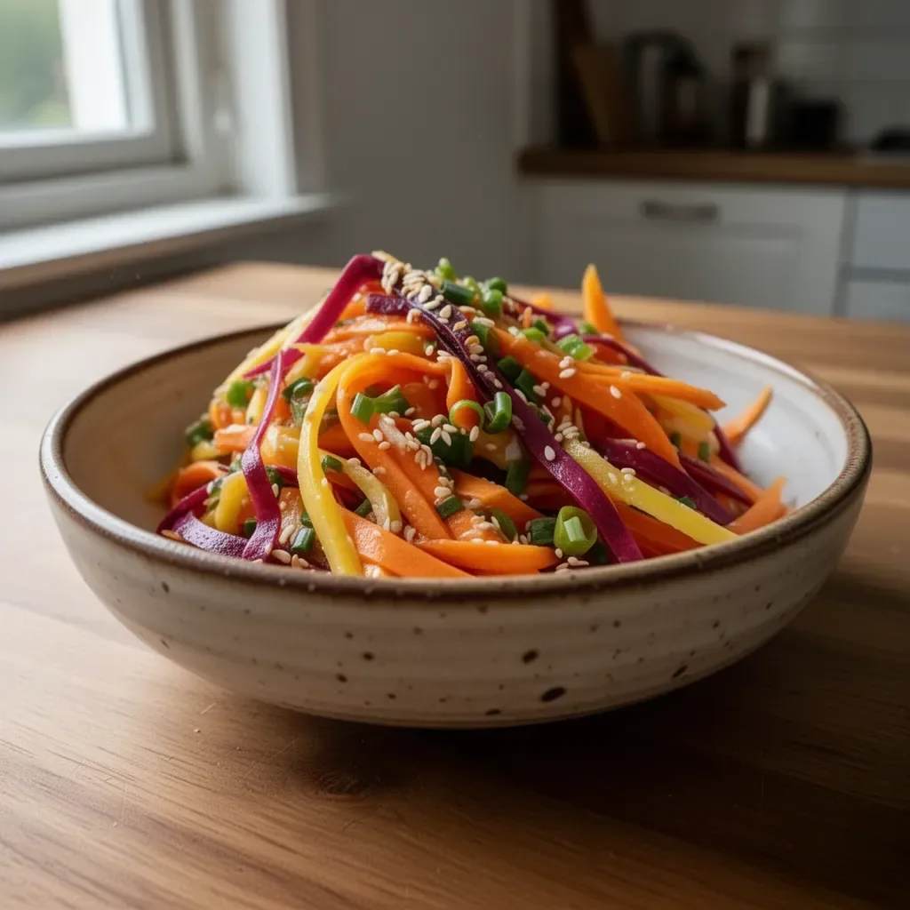 Ein bunter Karottensalat mit frischen Zutaten und Dressing