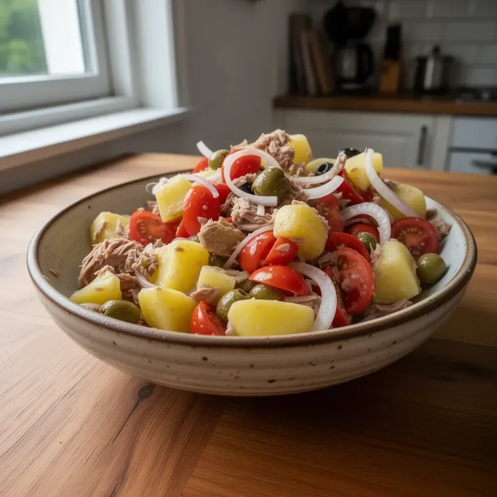 Schüssel mit leckerem Kartoffel-Thunfisch-Salat, frisch zubereitet