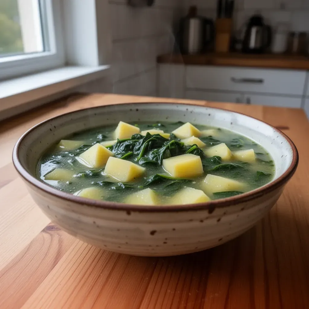 Schüssel mit Kartoffel Spinatsuppe, garniert mit frischen Kräutern.