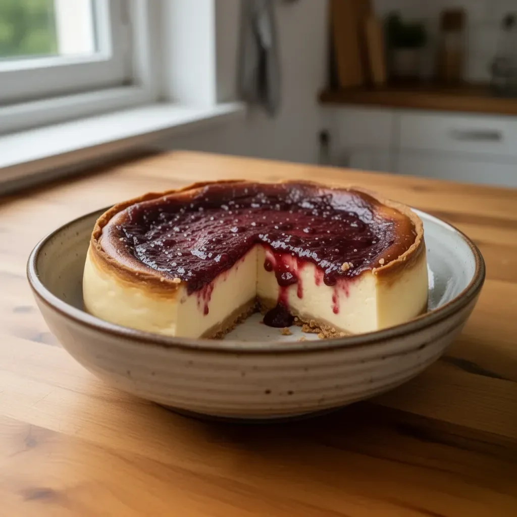 Käse Joghurtkuchen auf einem Teller, frisch gebacken und dekoriert