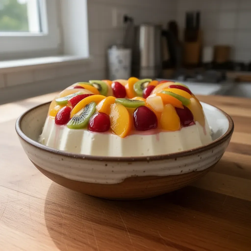 Käsecreme Dessert mit frischen Früchten auf einem Teller angerichtet