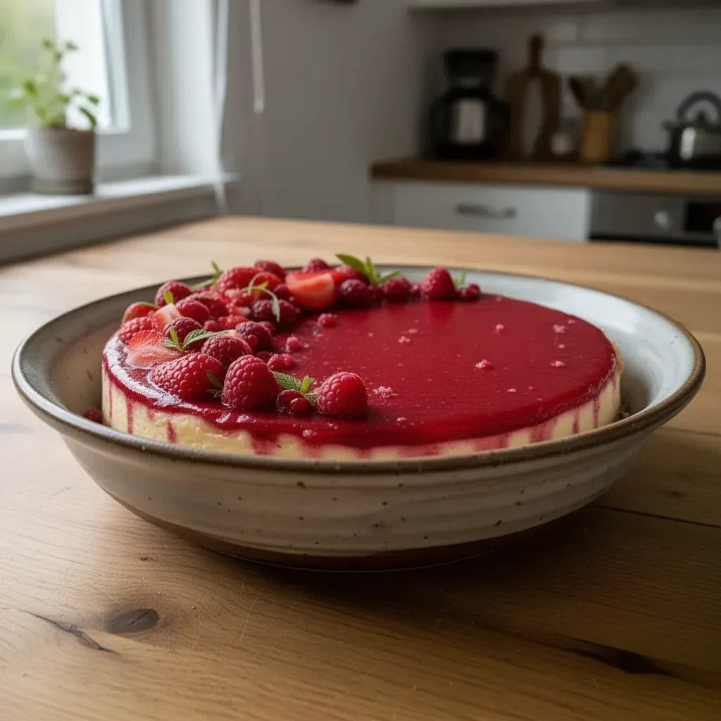 Käsekuchen mit frischen Himbeeren auf einem Teller