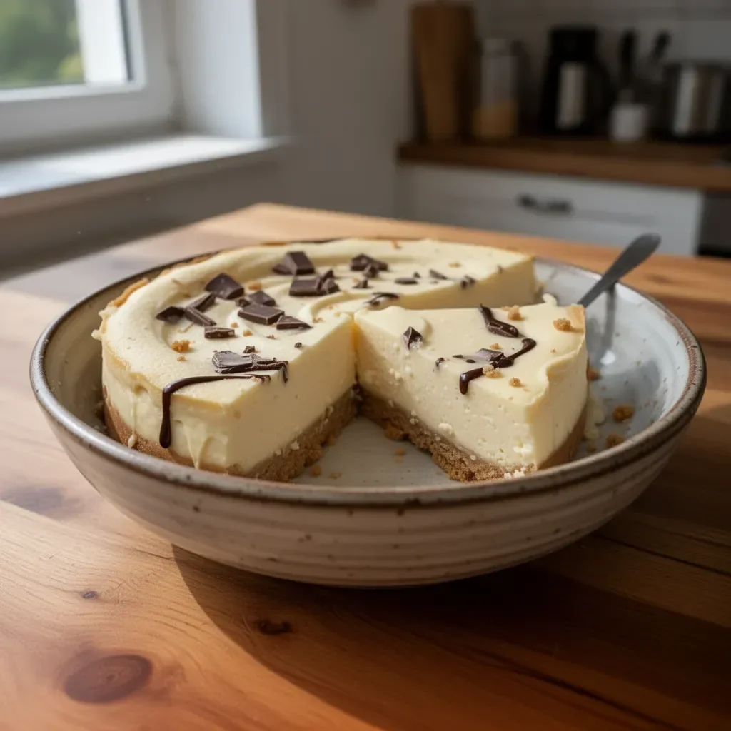Käsekuchen mit weißer Schokolade auf einem Teller serviert