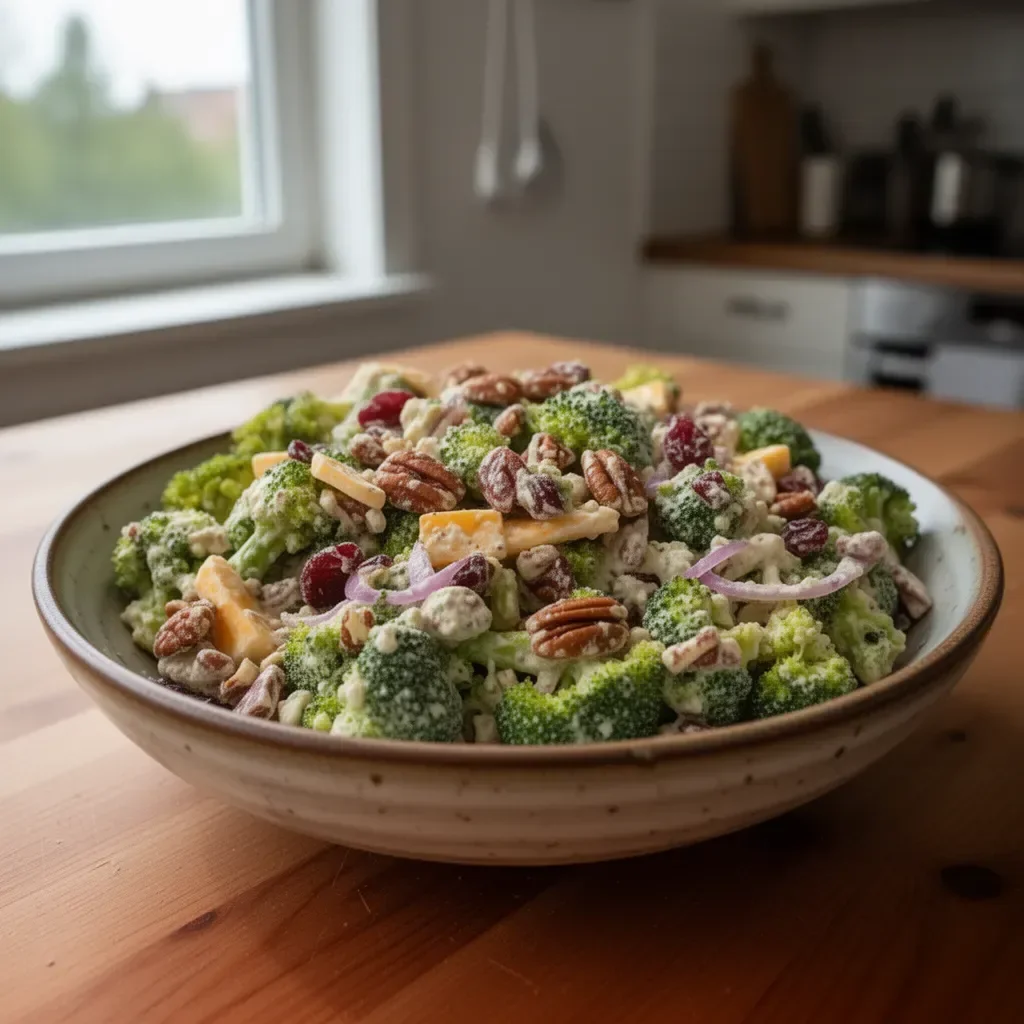 Leckerer Keto-Brokkoli-Salat mit frischen Zutaten auf einem Teller serviert.