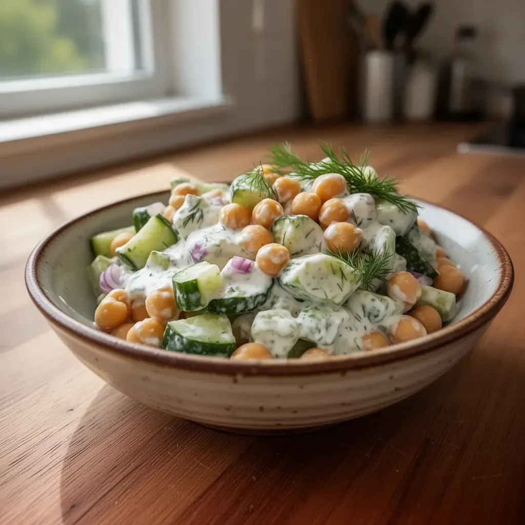 Kichererbsen-Gurkensalat mit cremigem Joghurt-Dressing auf einem Teller angerichtet.