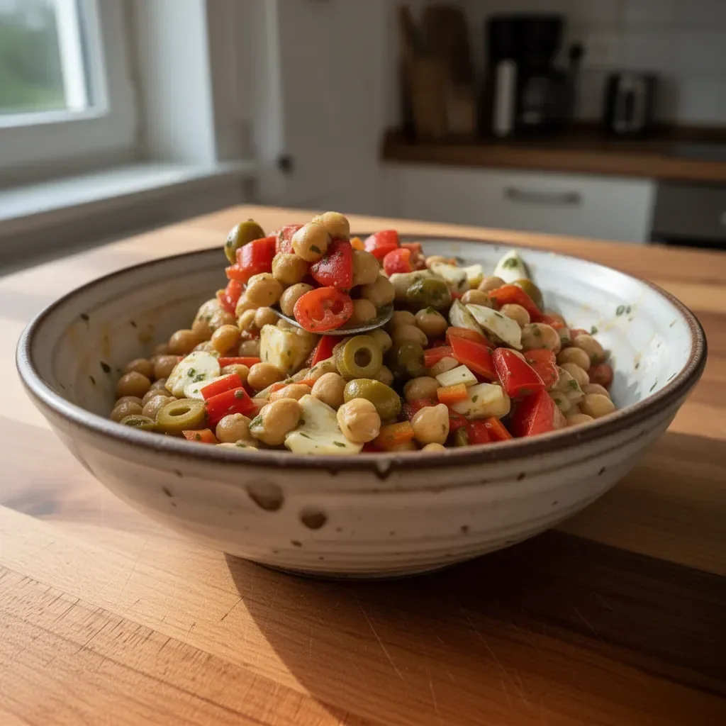 Schüssel mit frischem Kichererbsensalat und buntem Gemüse