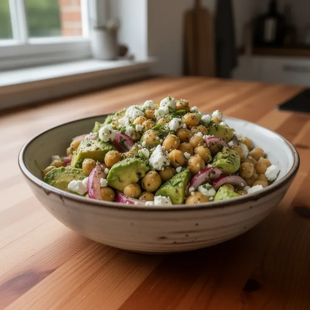 Kichererbsensalat mit Feta und Avocado auf einem Teller angerichtet