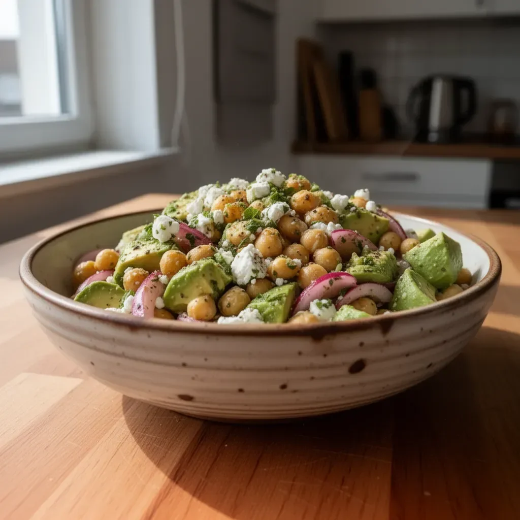 Kichererbsensalat mit Feta und Avocado in einer Schüssel angerichtet
