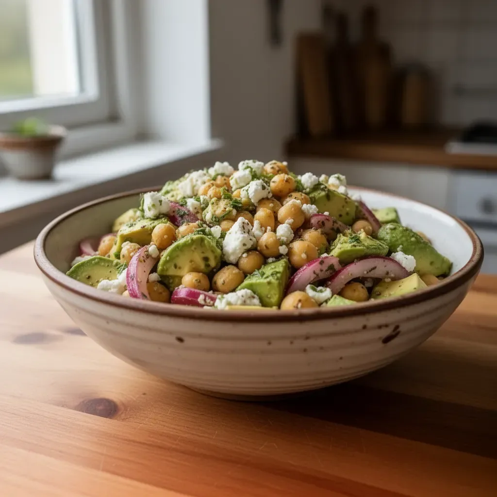 Kichererbsensalat mit Feta und Avocado in einer bunten Schüssel