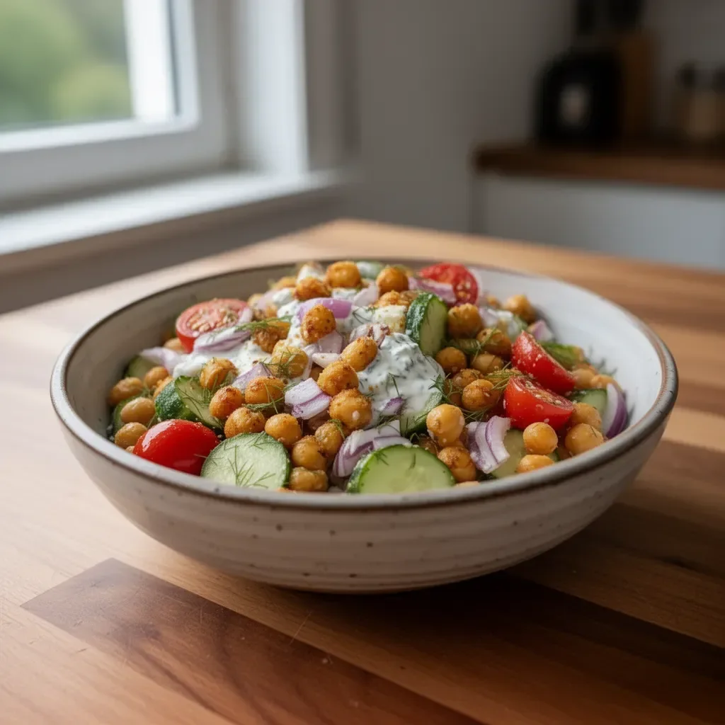 Kichererbsensalat mit knuspriger Gurke und Ranch-Dressing serviert auf einem Teller
