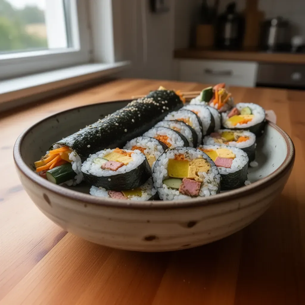 Kimbap: Reisrollen mit koreanischem Algen gefüllt mit Gemüse und Fleisch.