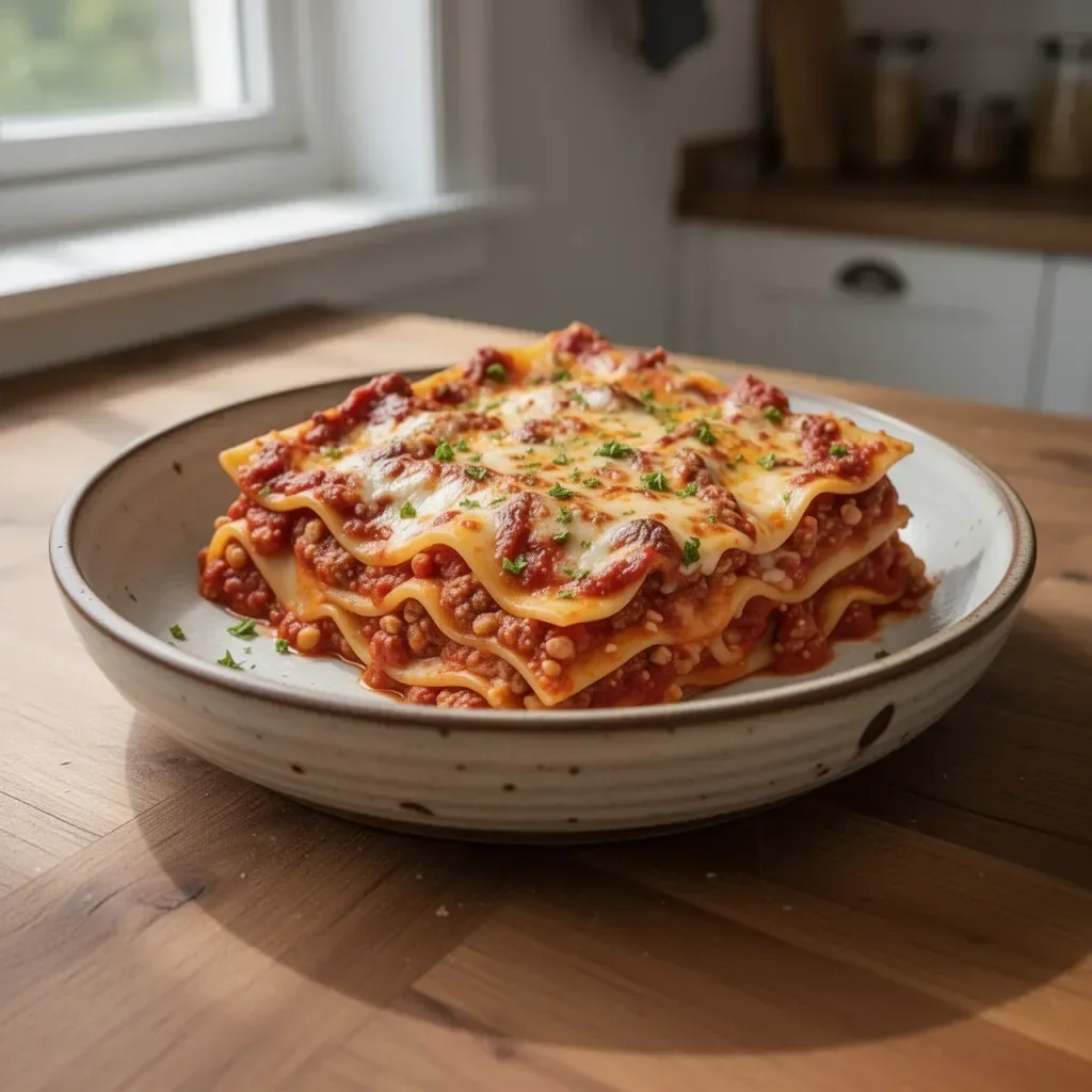 Klassische Lasagne mit Fleischsoße, Bechamelsauce und Käse überbacken