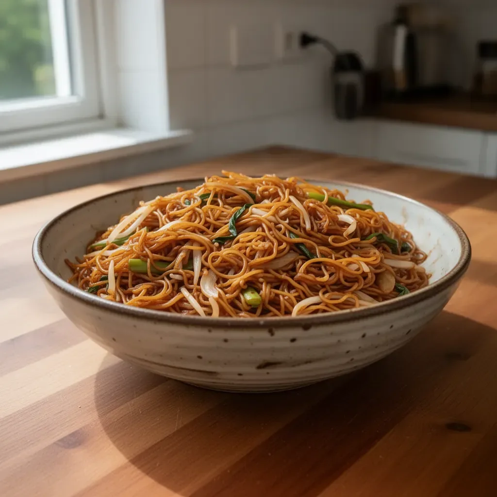 Klassisches Chow Mein Gericht mit frischen Zutaten und bunten Gemüse