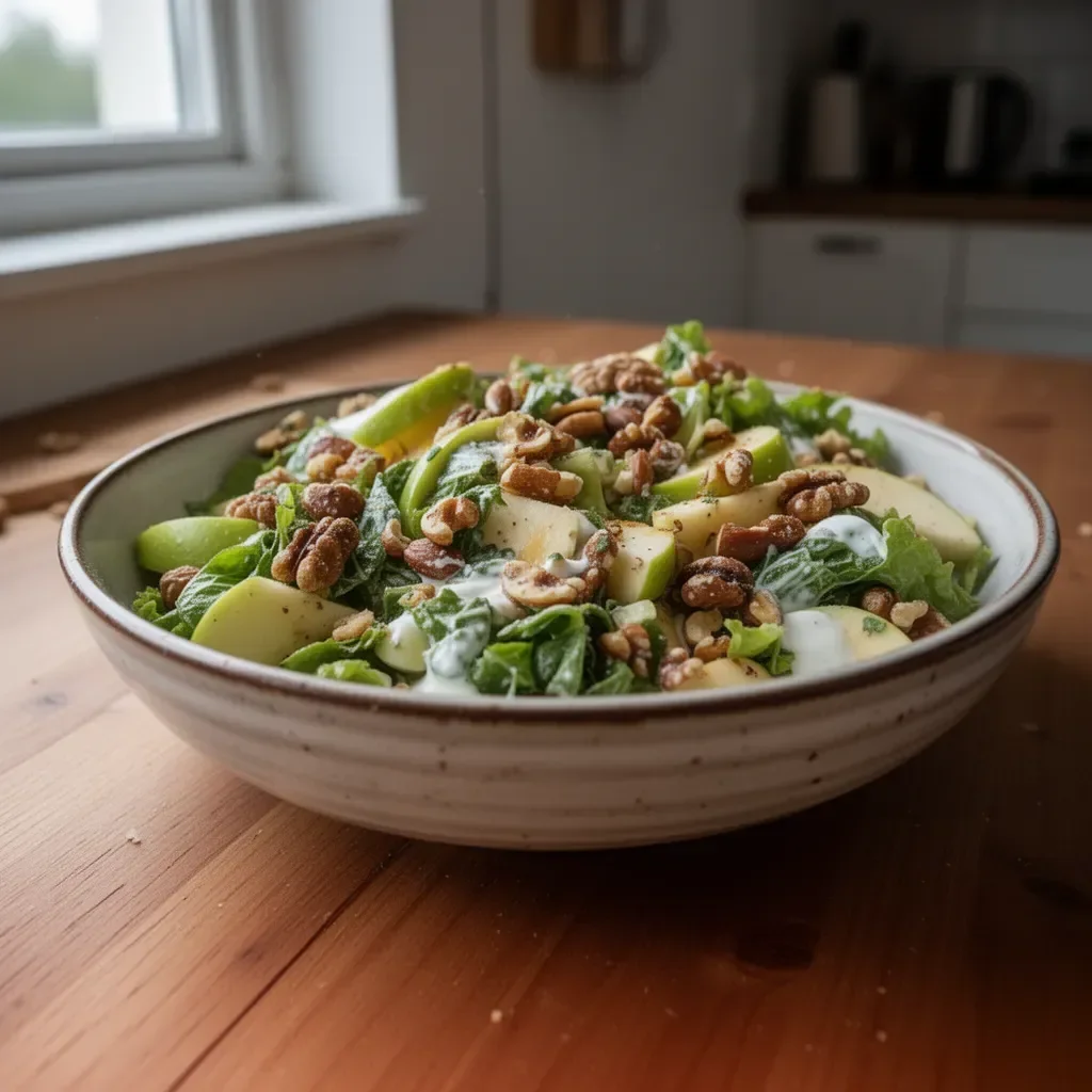 Knackiger Grüner Apfel-Salat mit Walnüssen und cremigem Joghurt auf einem Teller