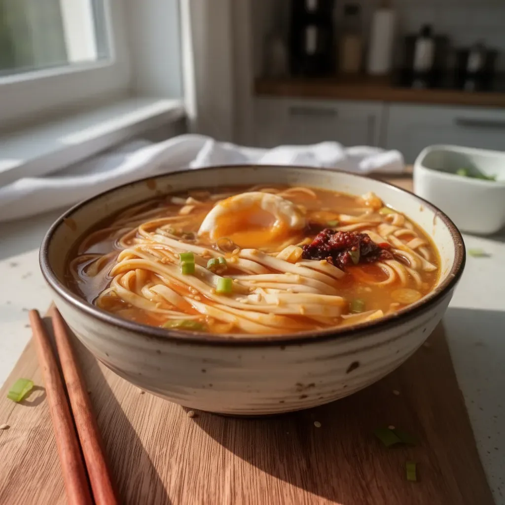Schale mit Knoblauch-Miso-Nudelsuppe voller frischer Zutaten
