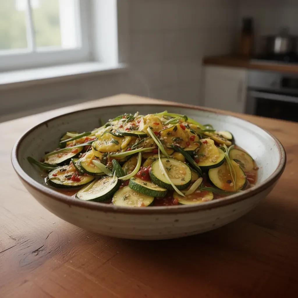 Gebackene Knoblauch-Zucchini mit frischen Tomaten angerichtet auf einem Teller