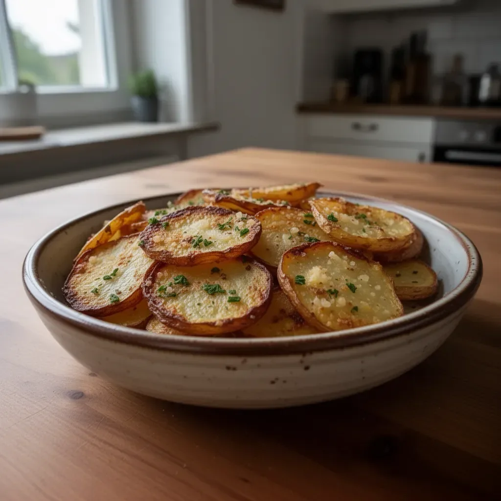 Knusprige Kartoffelscheiben frisch aus dem Ofen, serviert mit Dip.