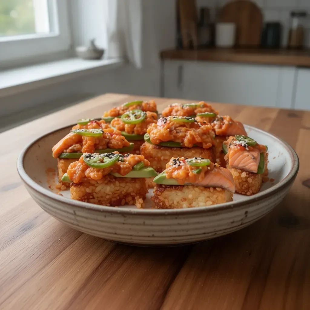 Knuspriger Reis mit würzigem Lachs auf einem Teller, appetitlich angerichtet.