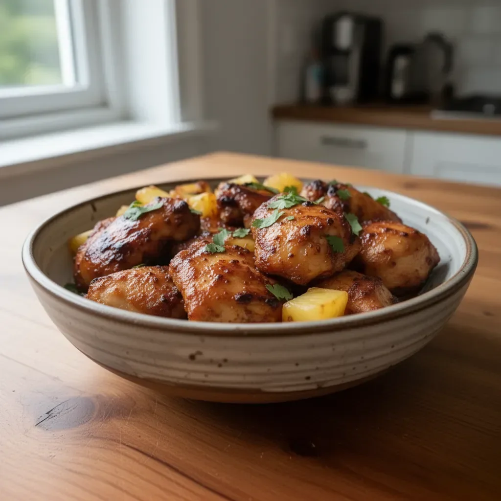 Knuspriges hawaiianisches Huhn auf einem schönen Teller angerichtet