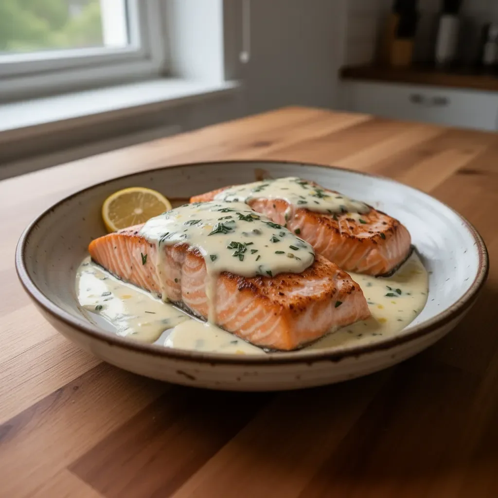 Lachs aus dem Ofen mit cremiger Butter-Zitronensauce serviert