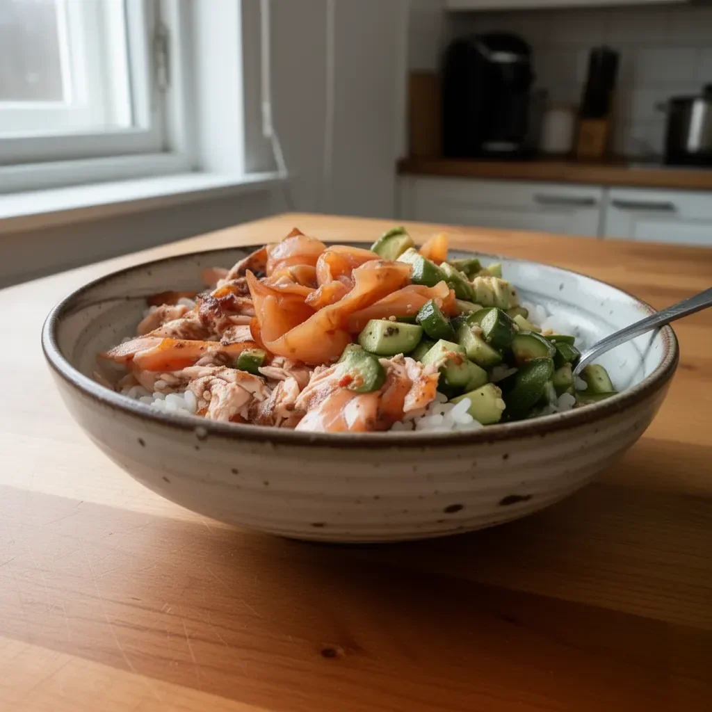 Gesunde Lachs-Bowl mit frischem Lachs und Gemüse