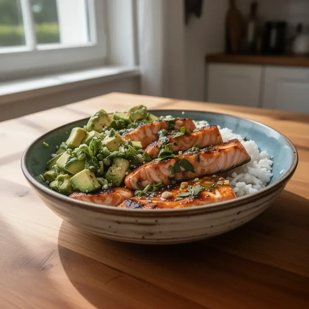 Lachs-Glasur mit Chipotle, serviert mit Avocado-Feta-Salat