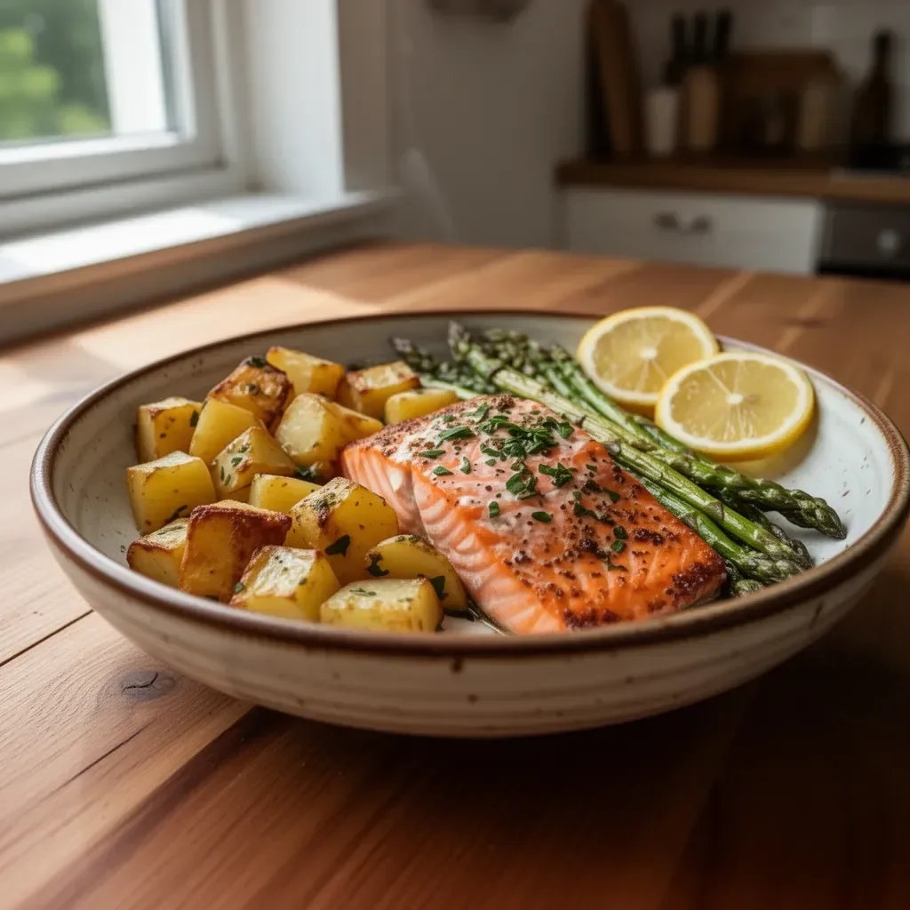 Lachs mit Kartoffeln und Spargel auf einem Teller serviert.