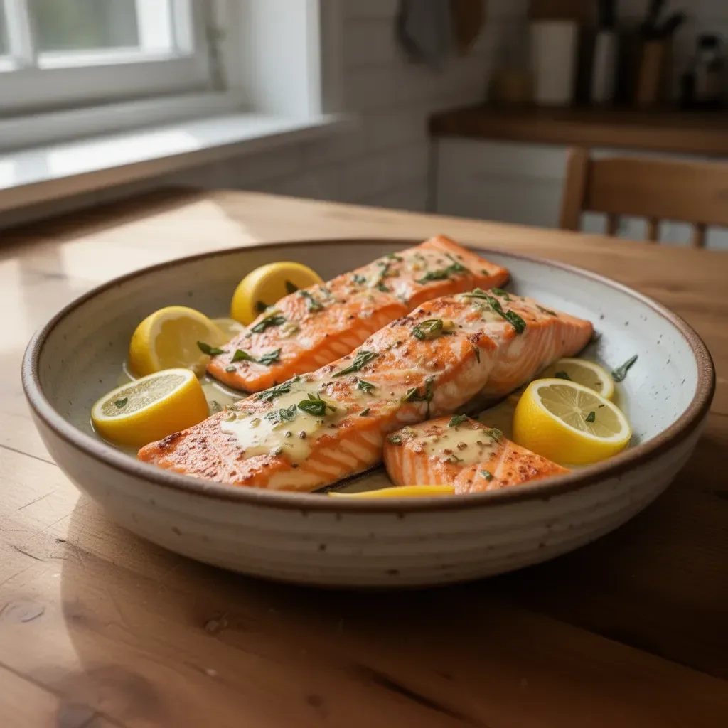 Lachs mit Knoblauch Butter und Zitrone auf einem Teller serviert