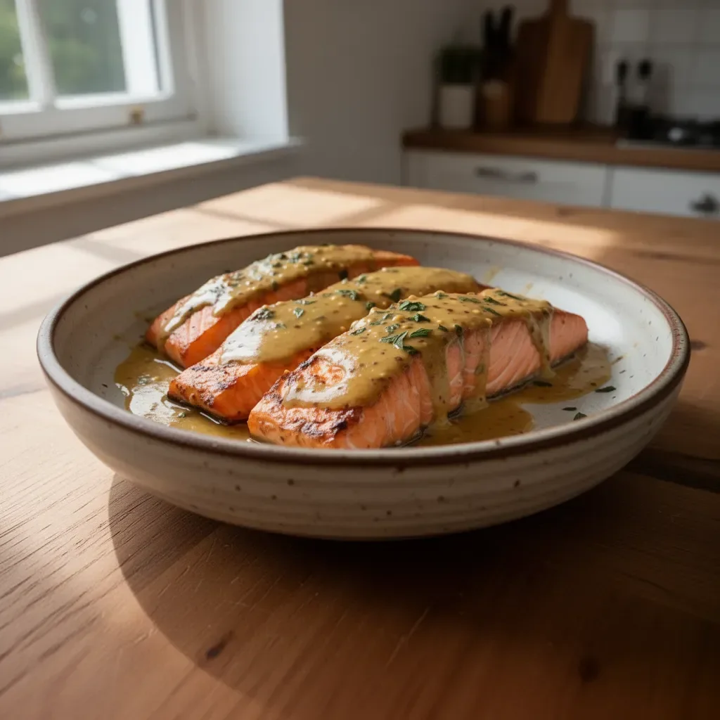 Lachs mit Senf, ein leckeres Fischgericht auf einem Teller