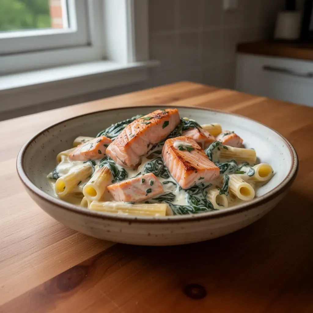 Lachs mit Spinat und Pasta in cremiger Sauce auf einem Teller angerichtet