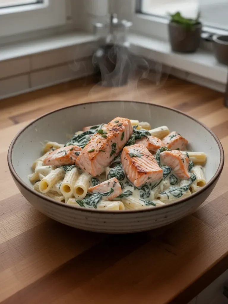 Lachs mit Spinat und Pasta in cremiger Sauce
