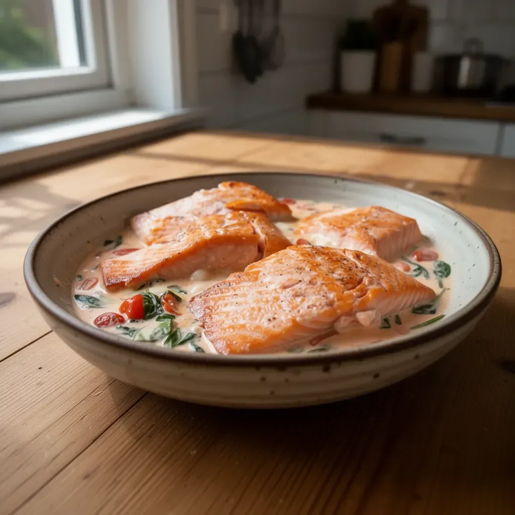 Lachs mit Tomaten-Sahnesauce und frischem Basilikum zubereitet
