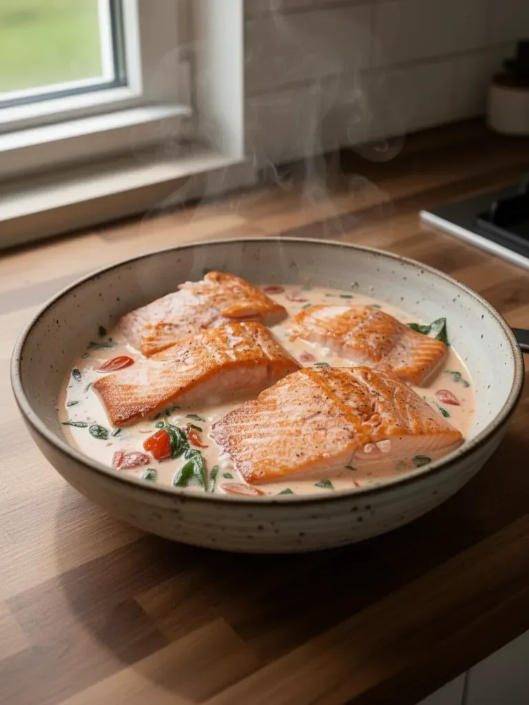 Lachs mit Tomaten-Sahnesauce und Basilikum