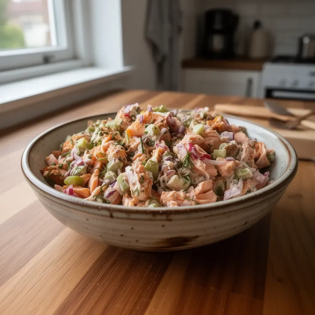 Frischer Lachs-Salat mit Gemüse und Dressing in einer Schüssel