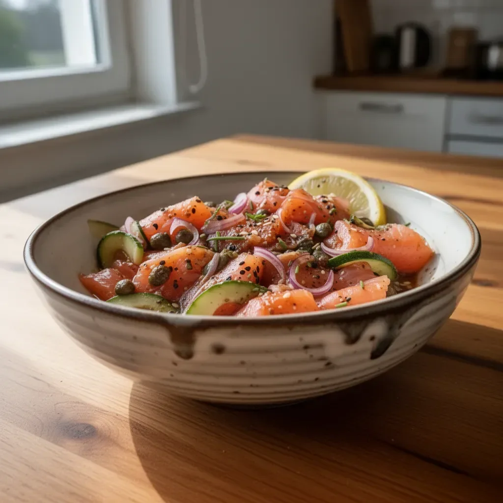 Lachs-Sashimi-Schüssel mit Miso-Soja-Sauce auf schönem Teller serviert