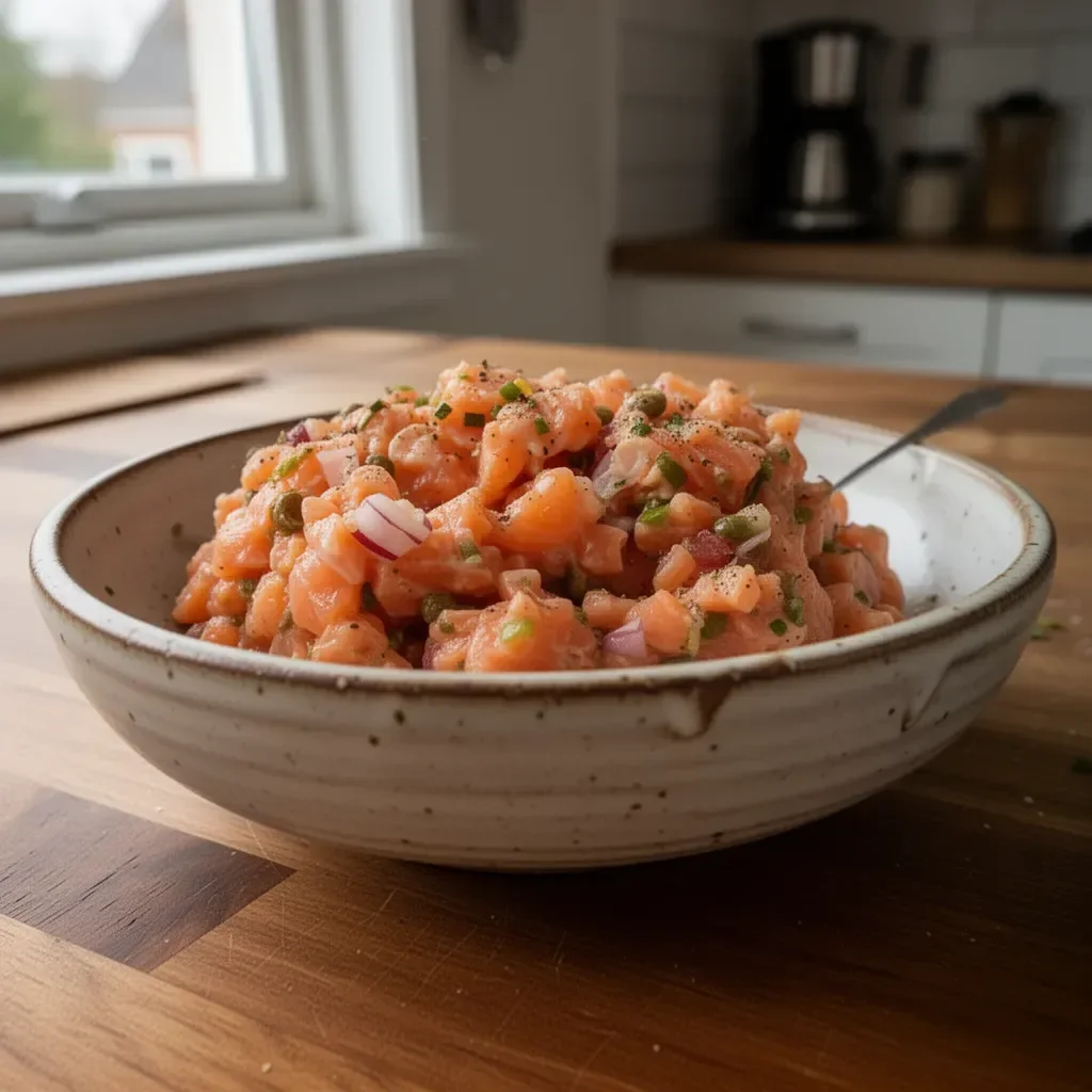 Lachs-Tartar mit frischen Zutaten auf einem Teller serviert