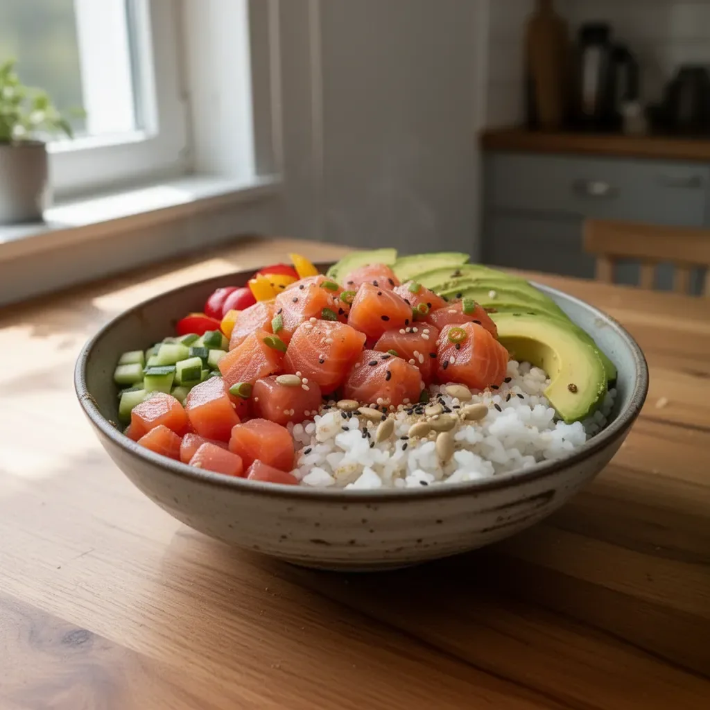 Lachs- und Avocado-Poke Bowl mit buntem Gemüse und Reis