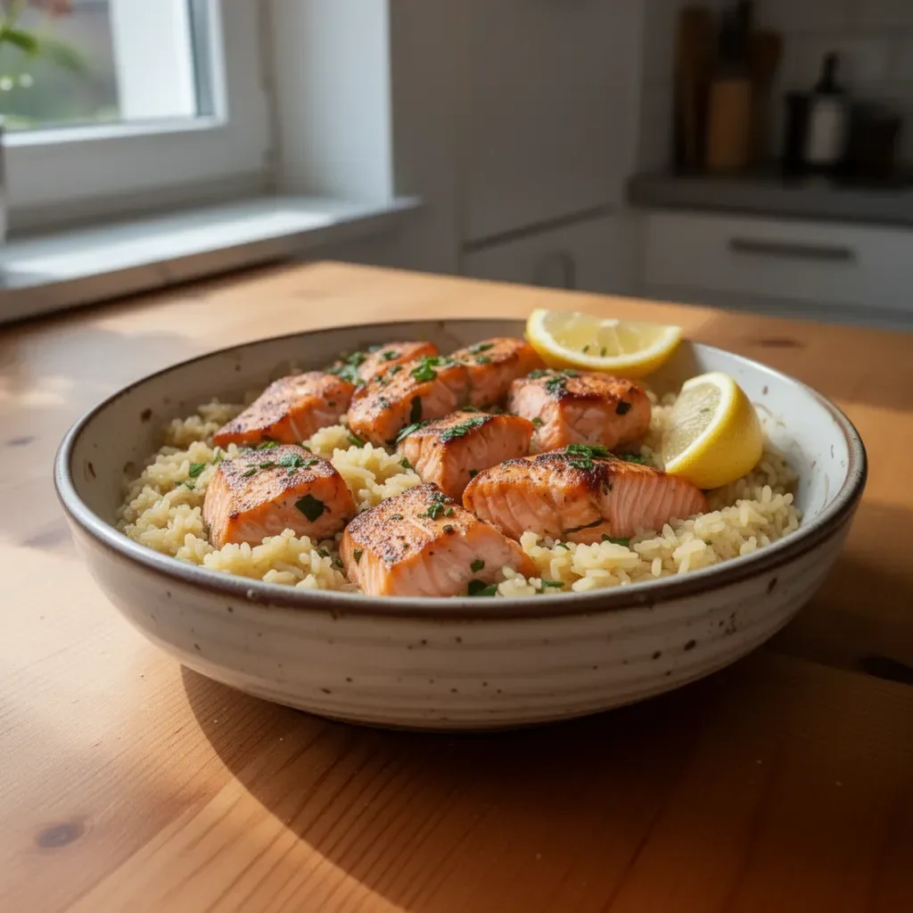 Lachs und Reis in einem Topf zubereitet, köstliches Gericht für gesundes Essen.